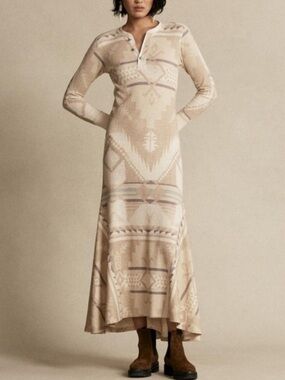 Polo Ralph Lauren Aztec Southwestern Thermal Henley Maxi Dress M Tan Beige Boho